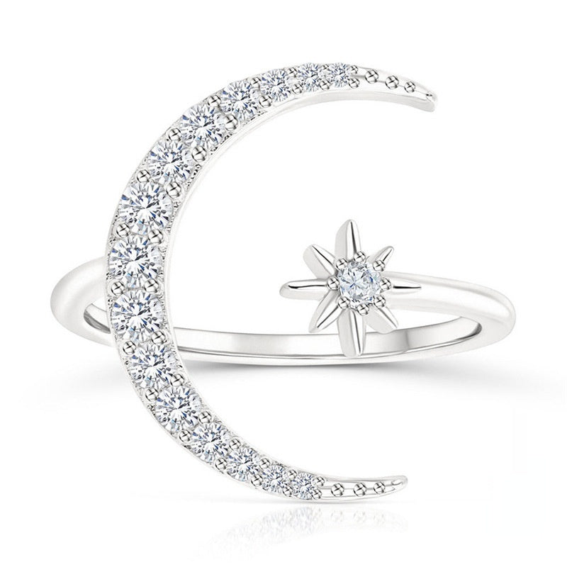 S925 Sterling Silver Star Moon Diamond Adjustable Opening Ring