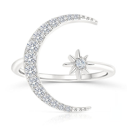 S925 Sterling Silver Star Moon Diamond Adjustable Opening Ring