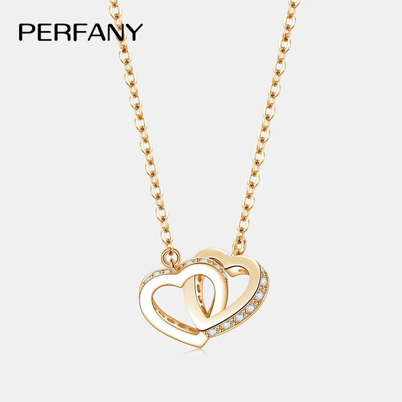 PERFANY All Moissanite Necklace for Women S925 Pure Silver Double Heart Design Laboratory Diamond Pendant Fashion Luxury Jewelry