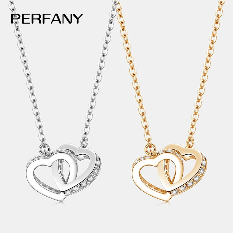 PERFANY All Moissanite Necklace for Women S925 Pure Silver Double Heart Design Laboratory Diamond Pendant Fashion Luxury Jewelry