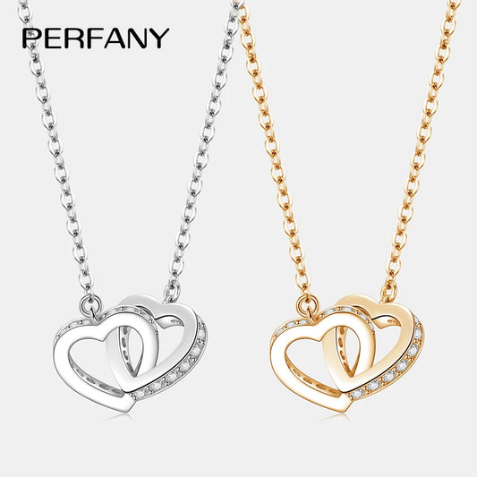 PERFANY All Moissanite Necklace for Women S925 Pure Silver Double Heart Design Laboratory Diamond Pendant Fashion Luxury Jewelry