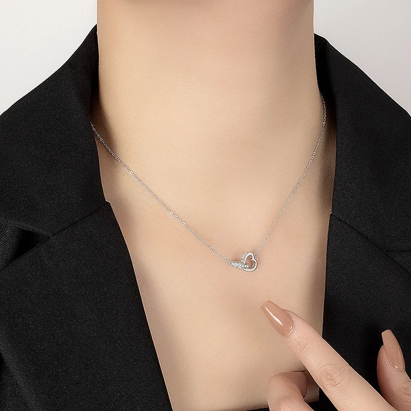 PERFANY All Moissanite Necklace for Women S925 Pure Silver Double Heart Design Laboratory Diamond Pendant Fashion Luxury Jewelry