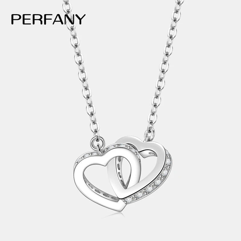 PERFANY All Moissanite Necklace for Women S925 Pure Silver Double Heart Design Laboratory Diamond Pendant Fashion Luxury Jewelry