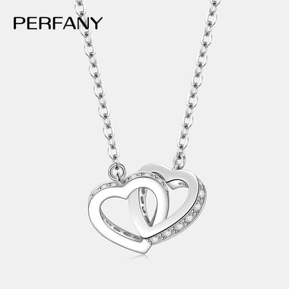 PERFANY All Moissanite Necklace for Women S925 Pure Silver Double Heart Design Laboratory Diamond Pendant Fashion Luxury Jewelry