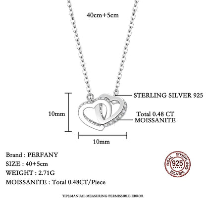 PERFANY All Moissanite Necklace for Women S925 Pure Silver Double Heart Design Laboratory Diamond Pendant Fashion Luxury Jewelry